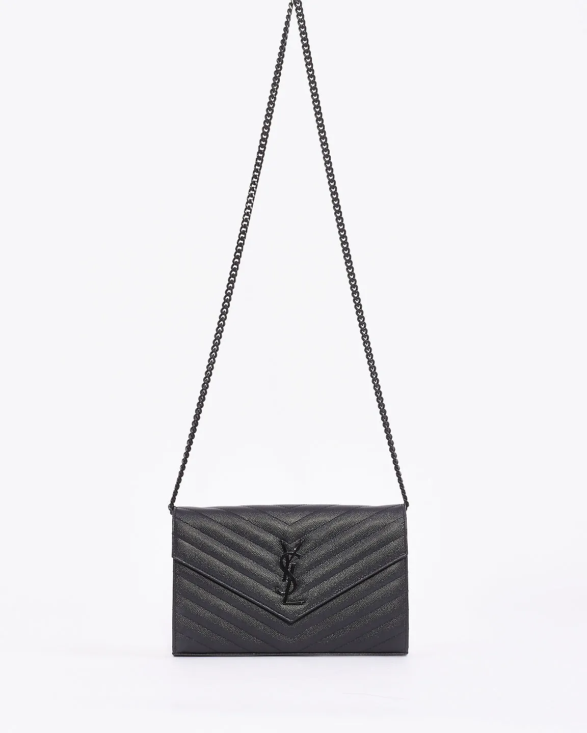 Saint Laurent Black Grain de Poudre Leather Matelasse Envelope Chain Wallet Bag BHW