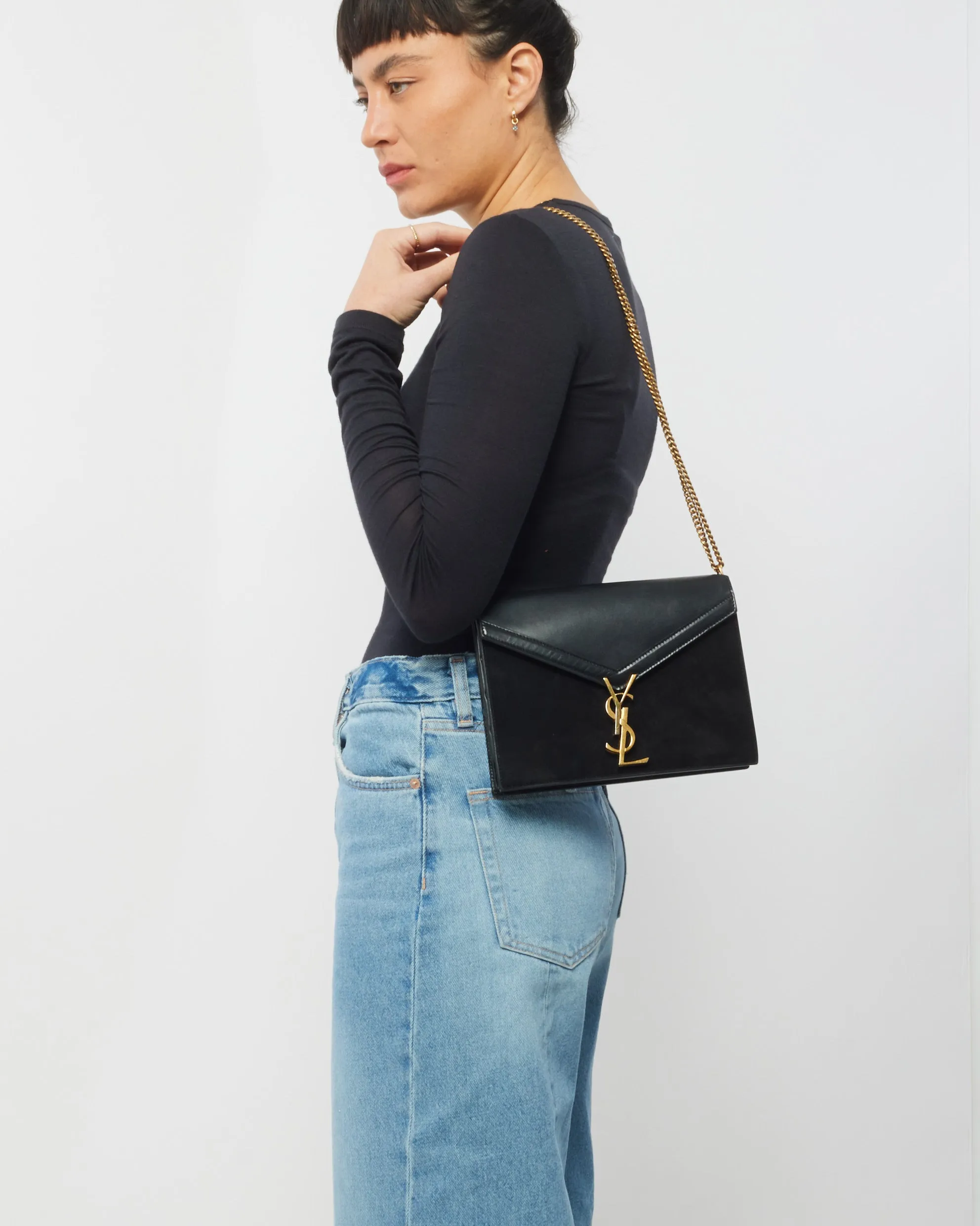 Saint Laurent Black Leather & Suede Envelope Cassandra Shoulder Bag
