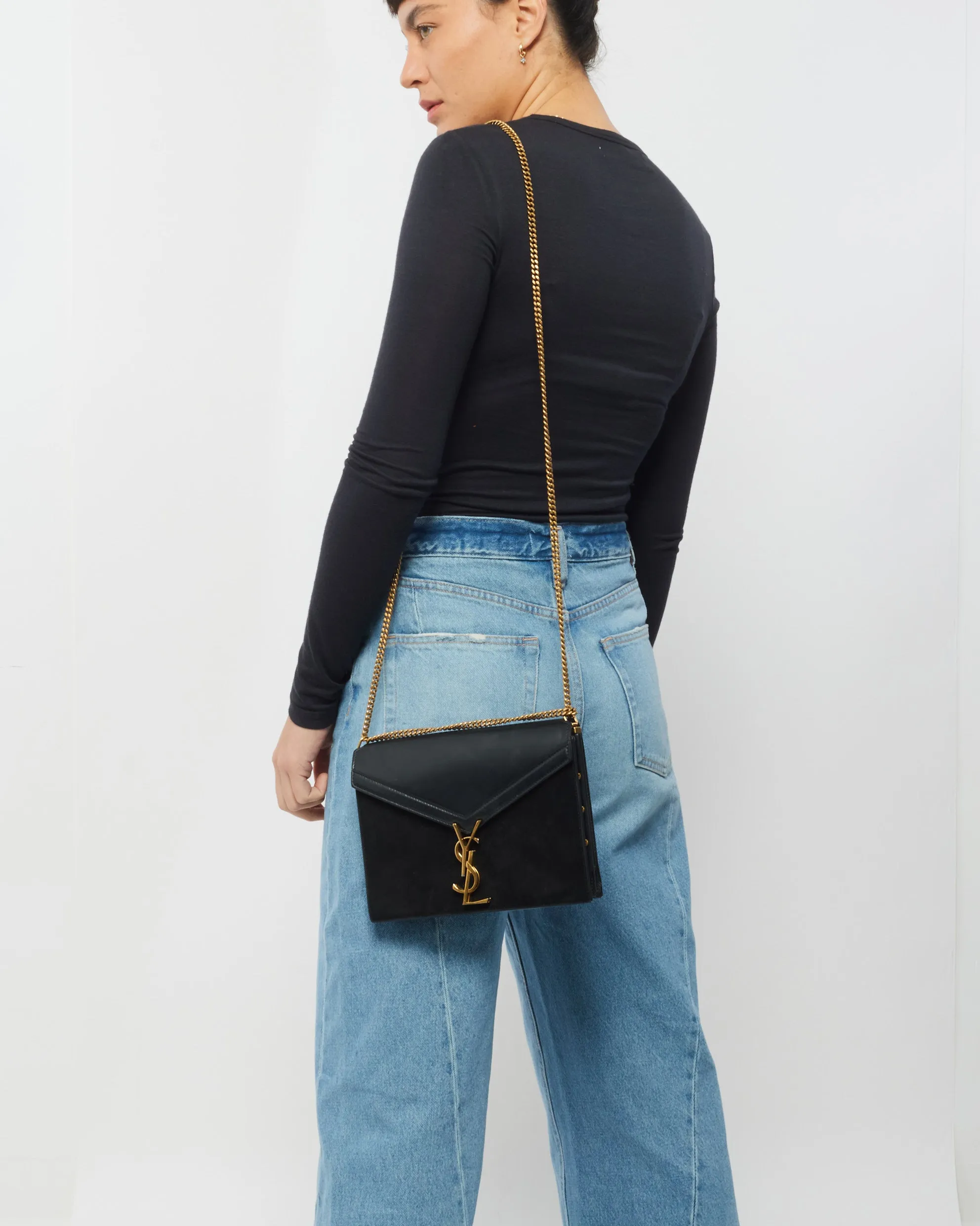 Saint Laurent Black Leather & Suede Envelope Cassandra Shoulder Bag