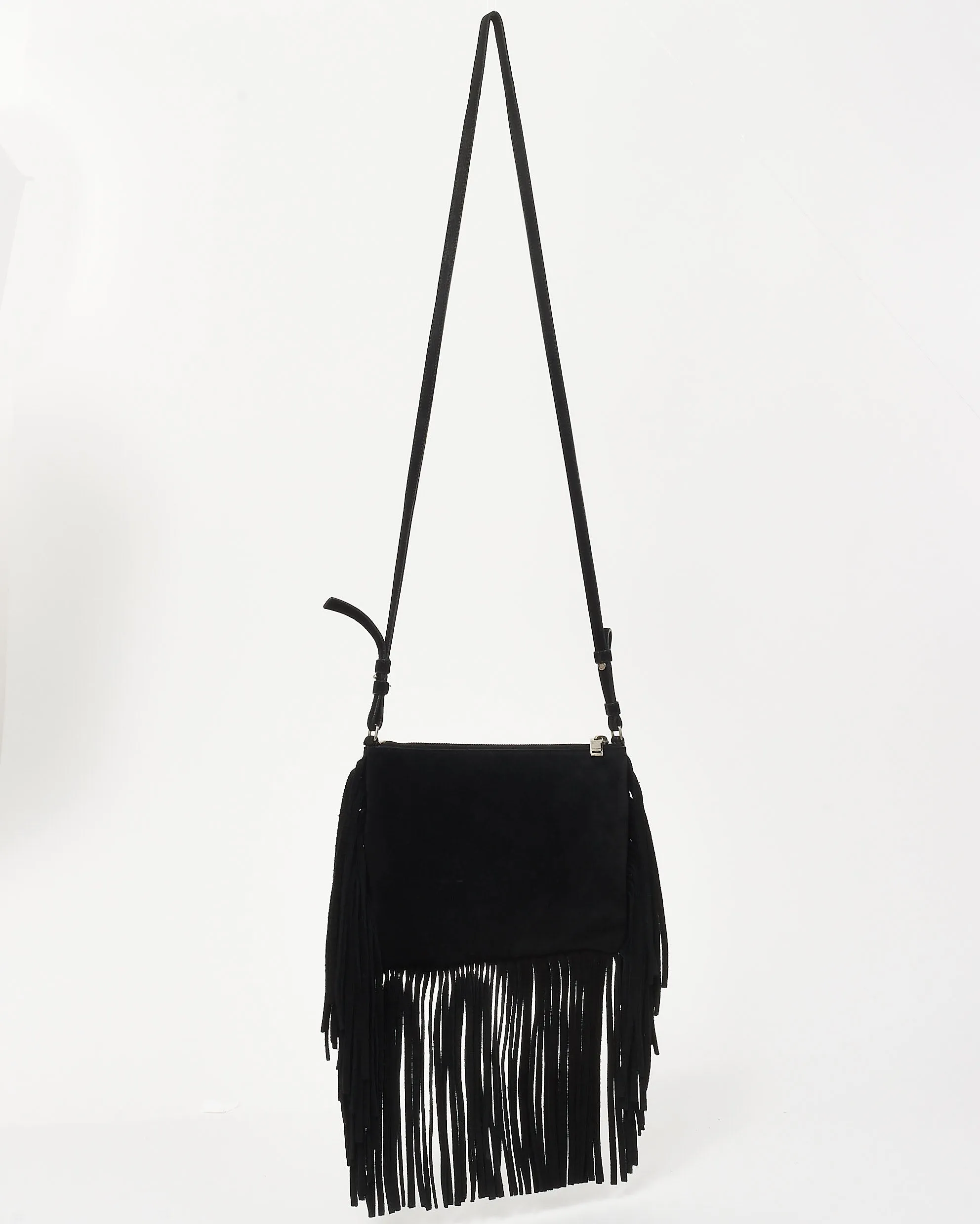 Saint Laurent Black Suede Fringe Logo Crossbody Bag