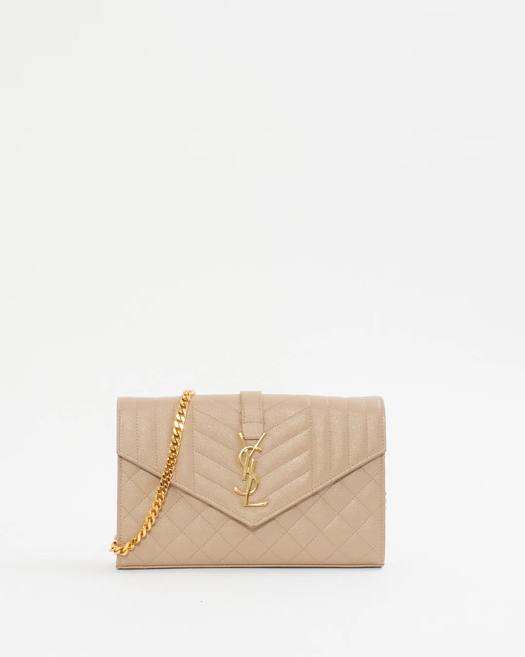 Saint Laurent Dark Beige Grain De Poudre Leather Envelope Wallet On Chain