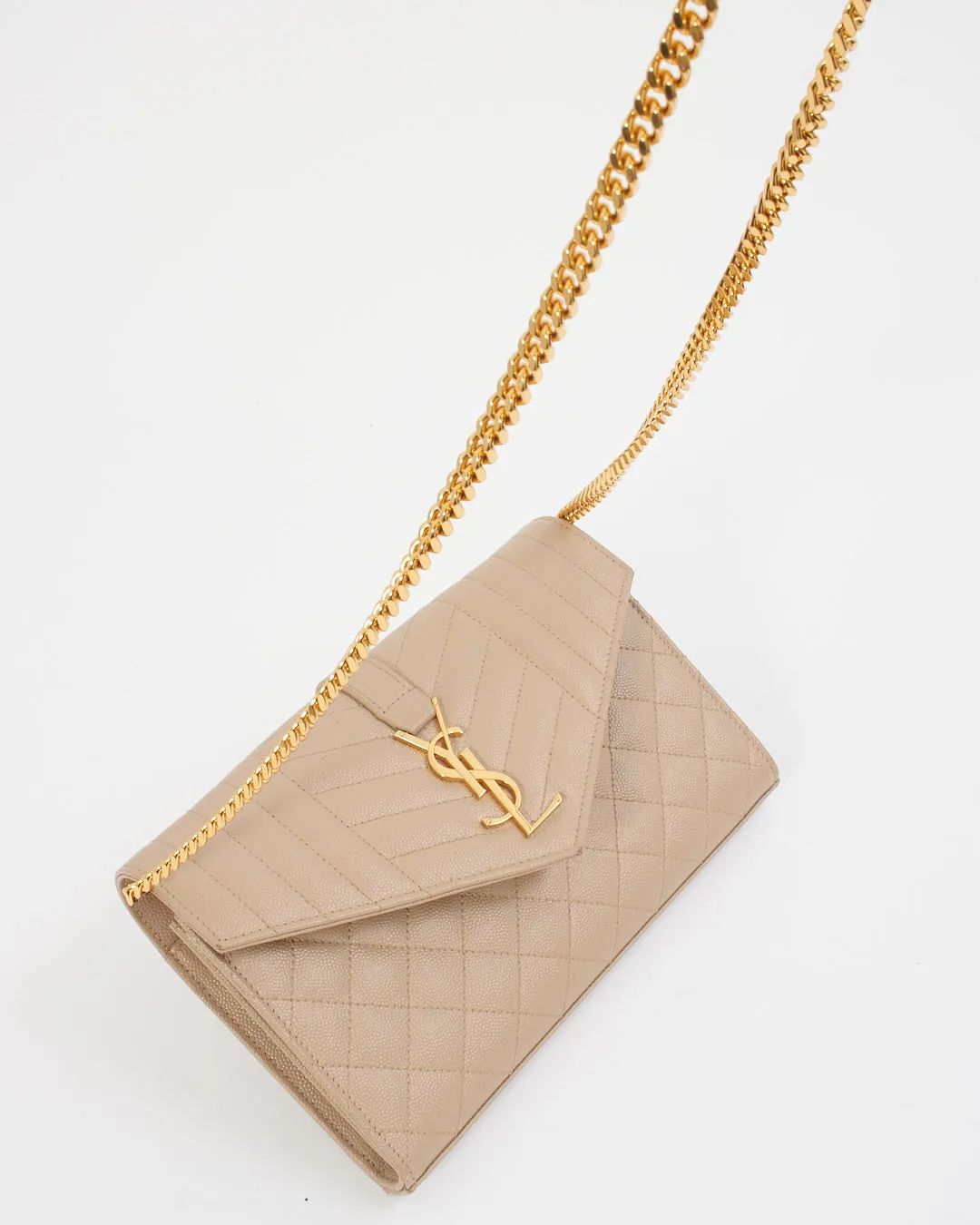 Saint Laurent Dark Beige Grain De Poudre Leather Envelope Wallet On Chain