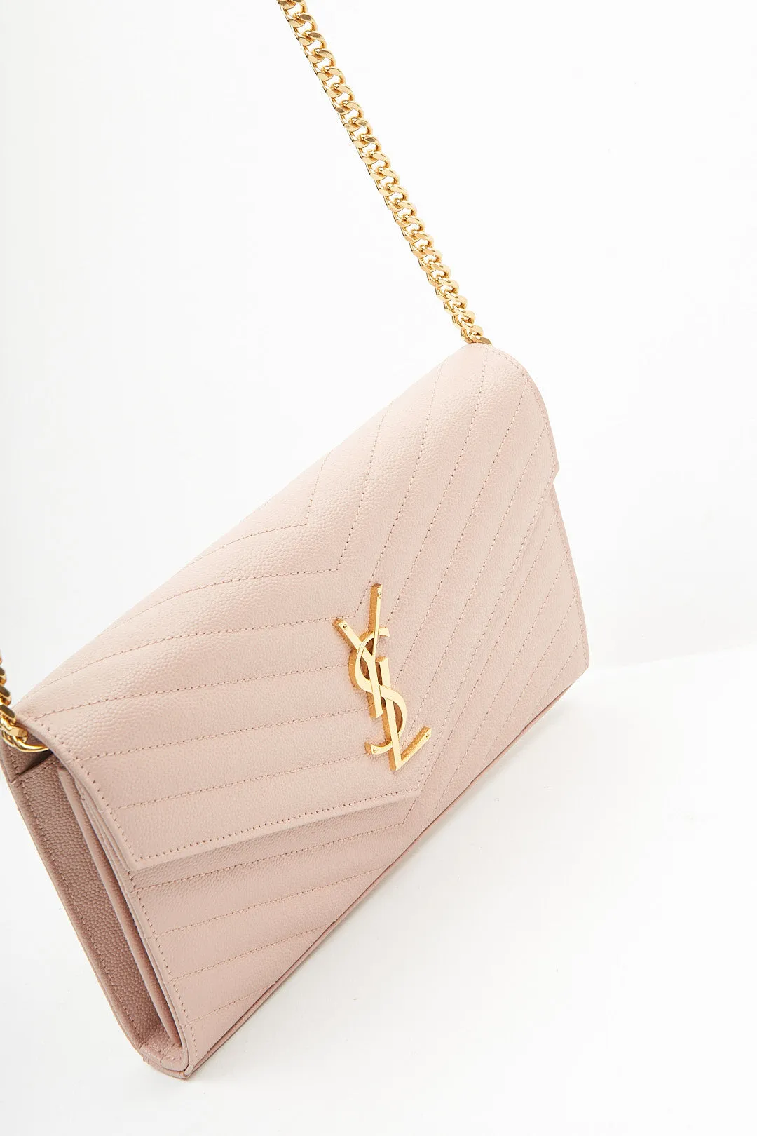 Saint Laurent Dusty Pink YSL Grain De Poudre Matelasse Chevron Monogram Envelope Wallet-on-Chain