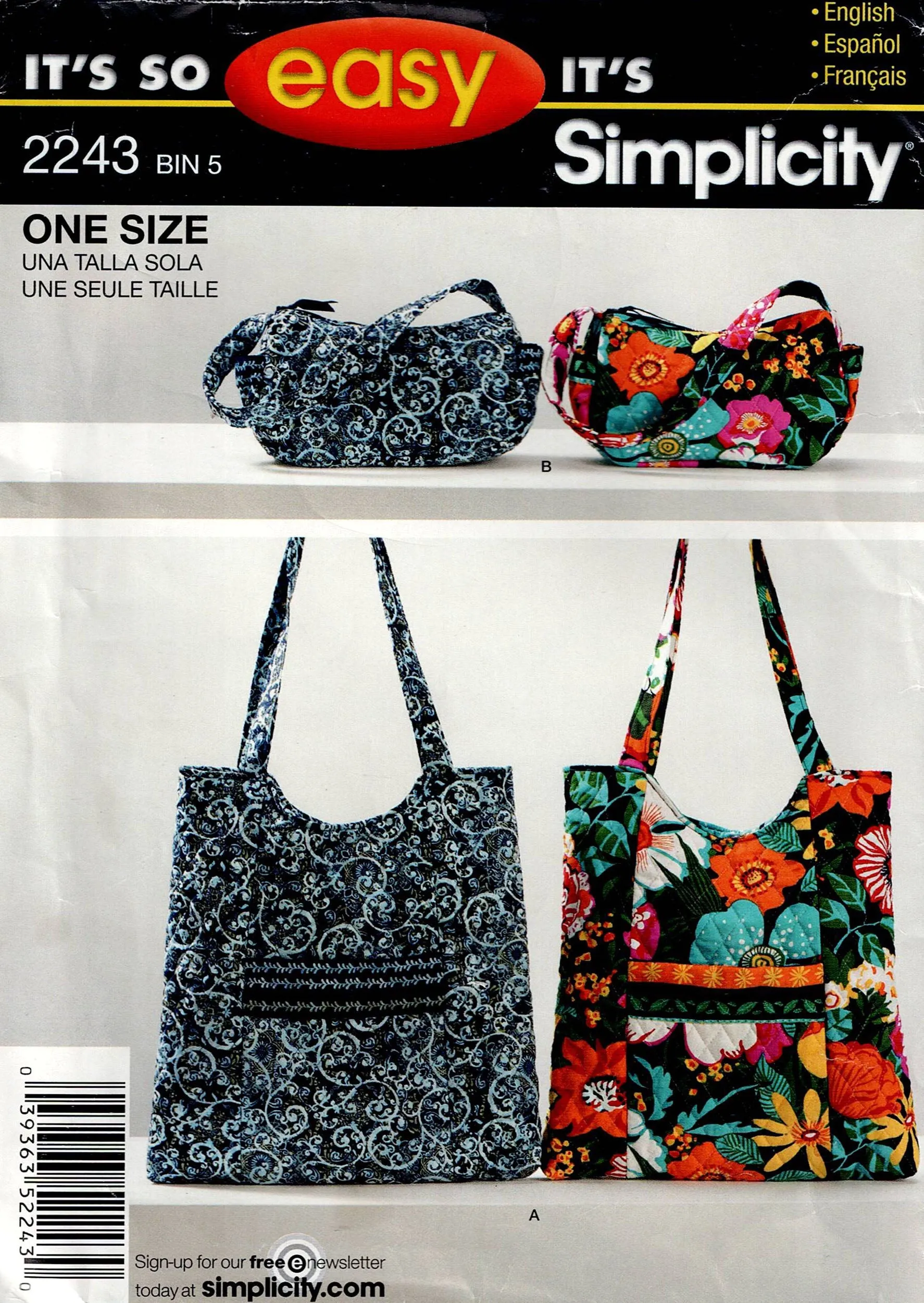 Simplicity 2243 Womens Shopping Tote Bag & Carryall Out Of Print Sewing Pattern UNCUT Factory Folded