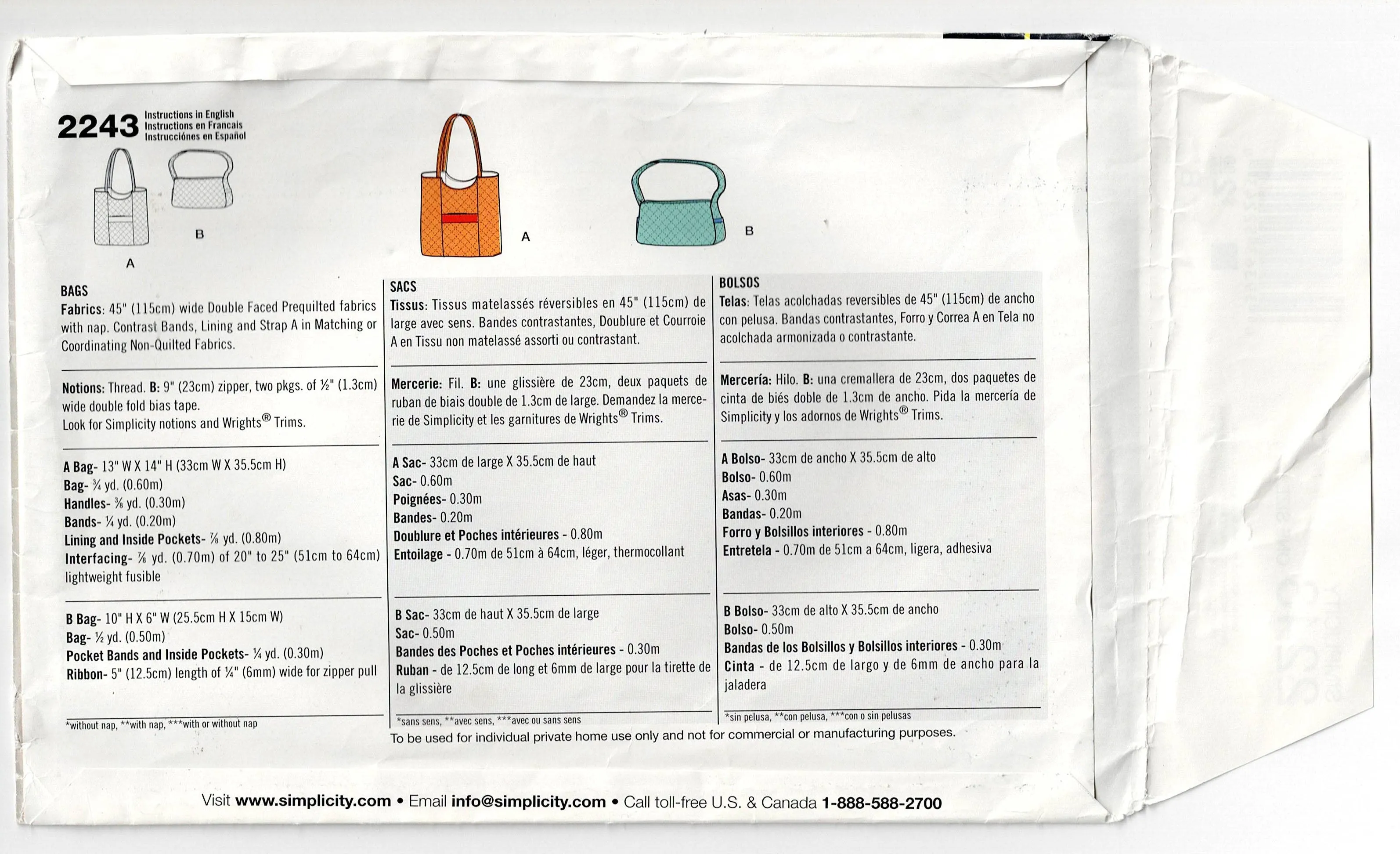 Simplicity 2243 Womens Shopping Tote Bag & Carryall Out Of Print Sewing Pattern UNCUT Factory Folded