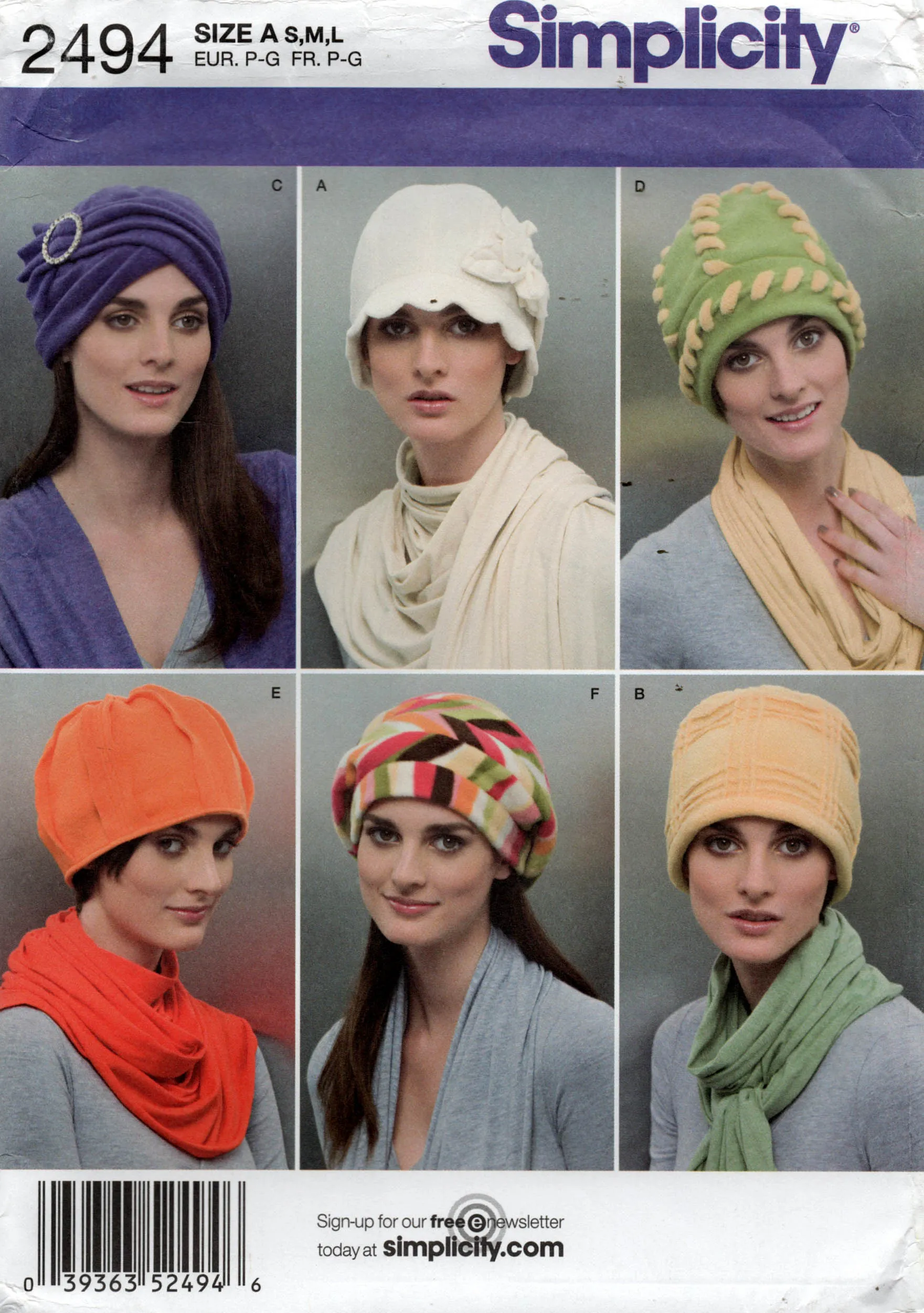 Simplicity 2494 Womens Fleece Hats in 6 Styles Out of Print Sewing Pattern Size S M L UNCUT Factory Folded