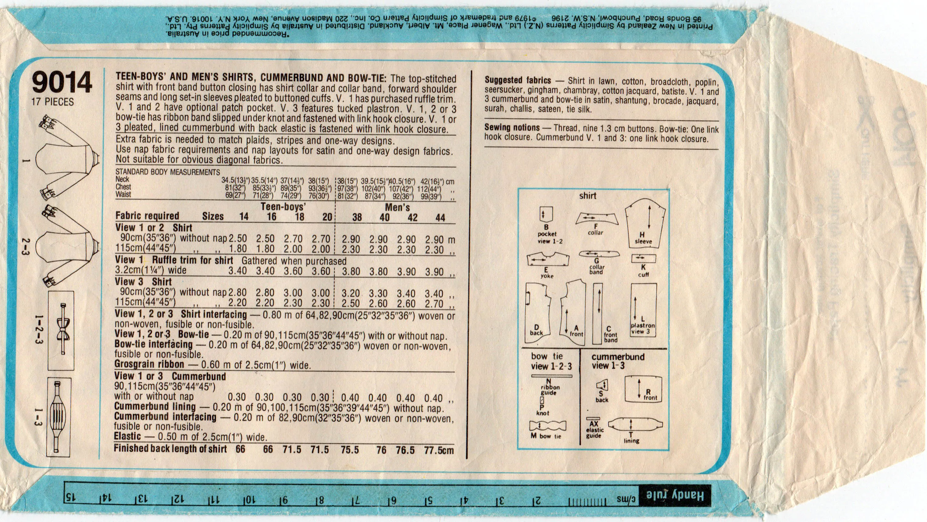 Simplicity 9014 Teens Youths Small Mens Dress Formal Shirt Bow Tie & Cummerbund 1970s Vintage Sewing Pattern Chest 35 & 36 inches