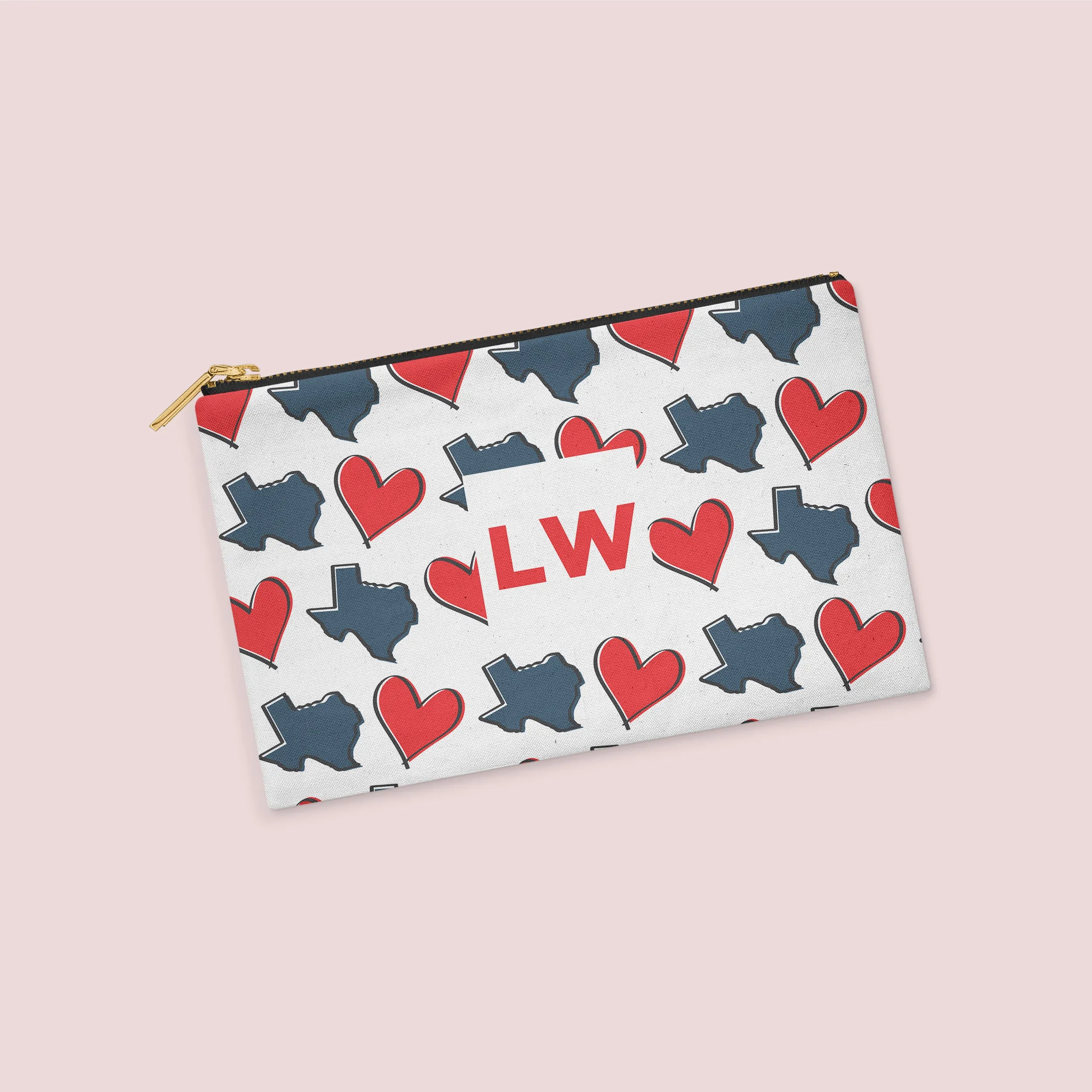 Texas Hearts Red, White and Blue Personalized Zipper Pouch