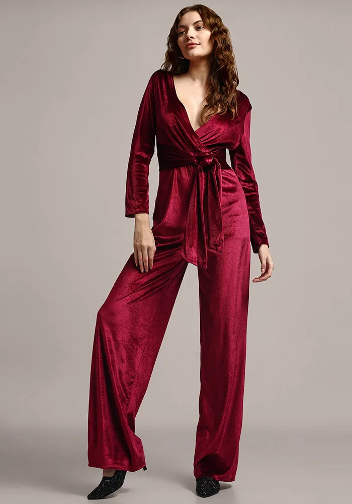 Velvet V-neck Long Sleeve Wide Leg Jumpsuit