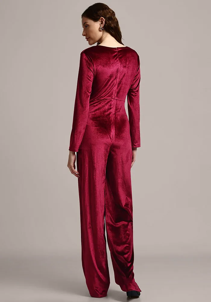 Velvet V-neck Long Sleeve Wide Leg Jumpsuit