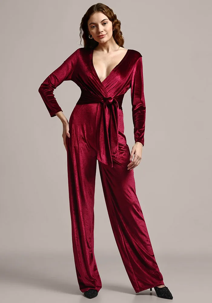 Velvet V-neck Long Sleeve Wide Leg Jumpsuit