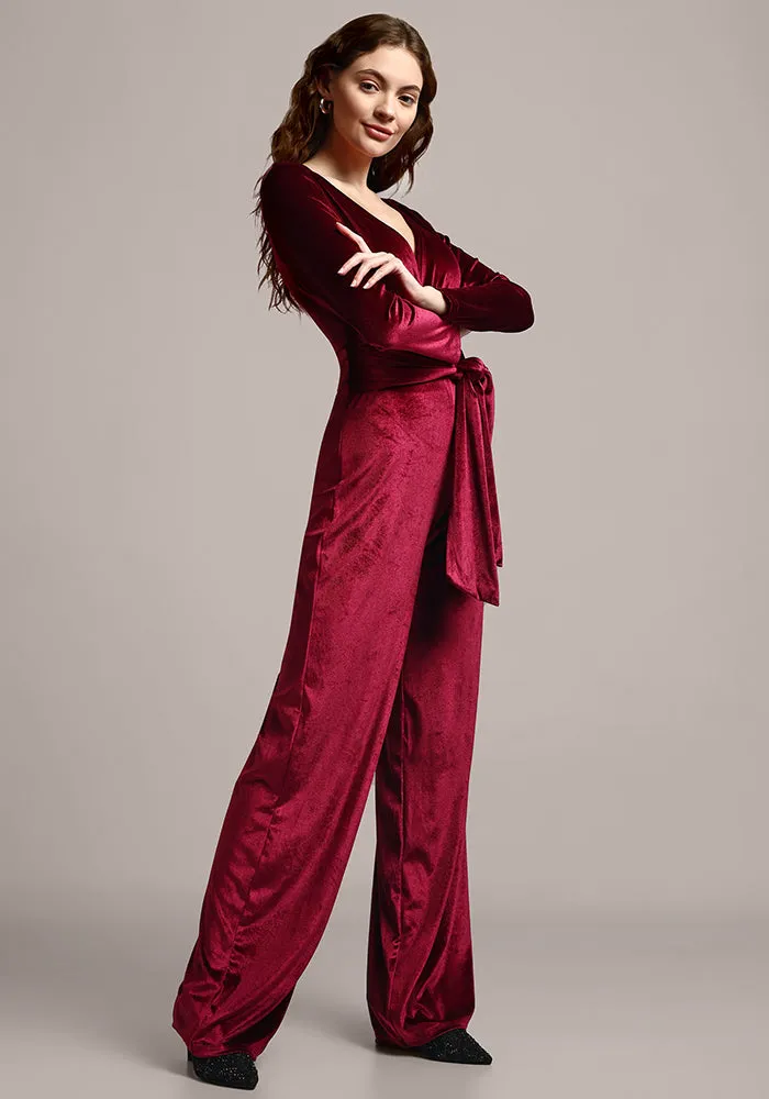 Velvet V-neck Long Sleeve Wide Leg Jumpsuit