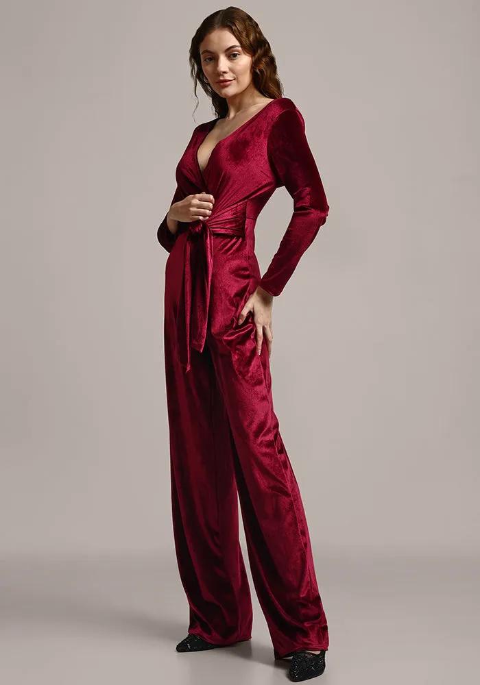 Velvet V-neck Long Sleeve Wide Leg Jumpsuit