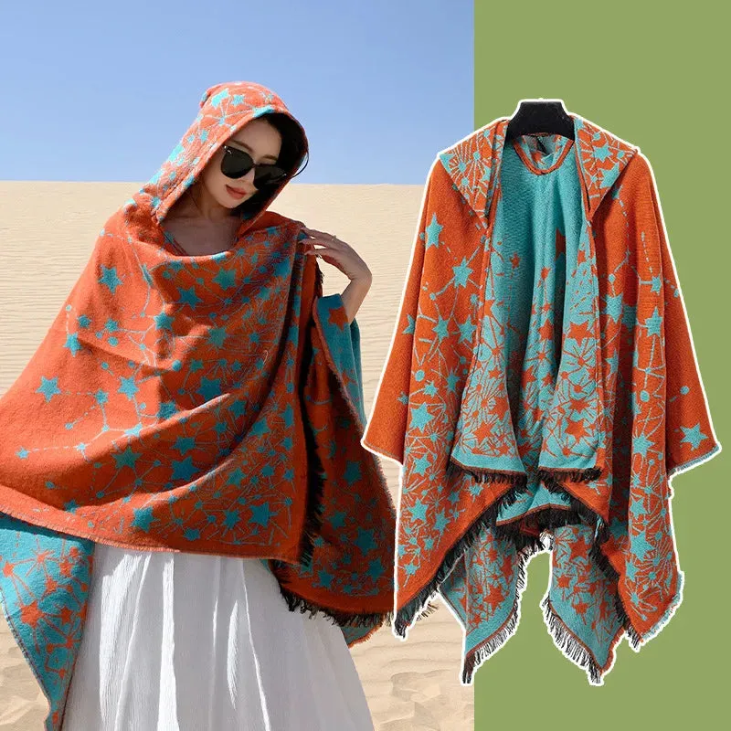 Vintage Knitted Cashmere Hooded Pashmina: Cozy Chic for Autumn & Winter