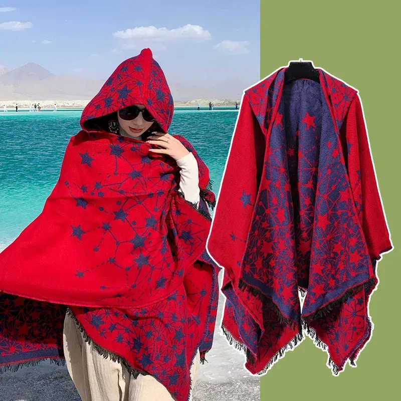 Vintage Knitted Cashmere Hooded Pashmina: Cozy Chic for Autumn & Winter