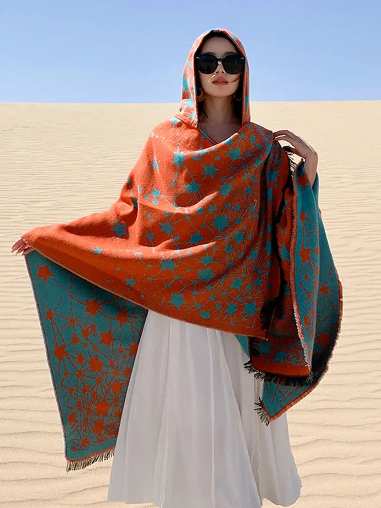 Vintage Knitted Cashmere Hooded Pashmina: Cozy Chic for Autumn & Winter