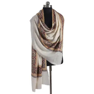 White Base Zari and sozni Embroidered Cashmere Pashmina Shawl