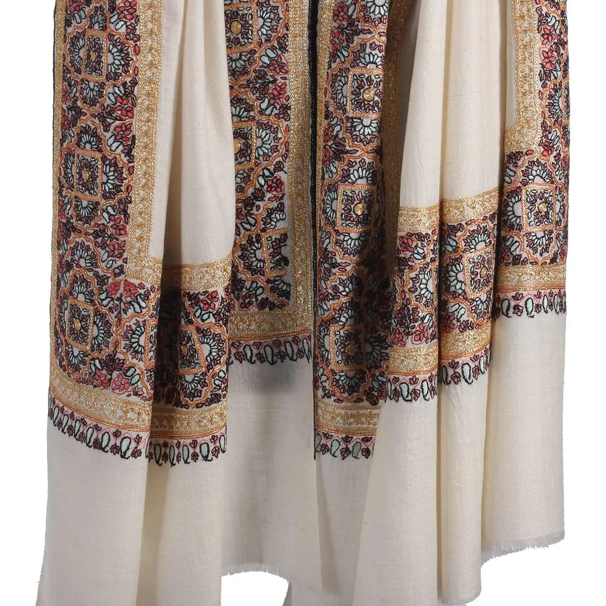 White Base Zari and sozni Embroidered Cashmere Pashmina Shawl