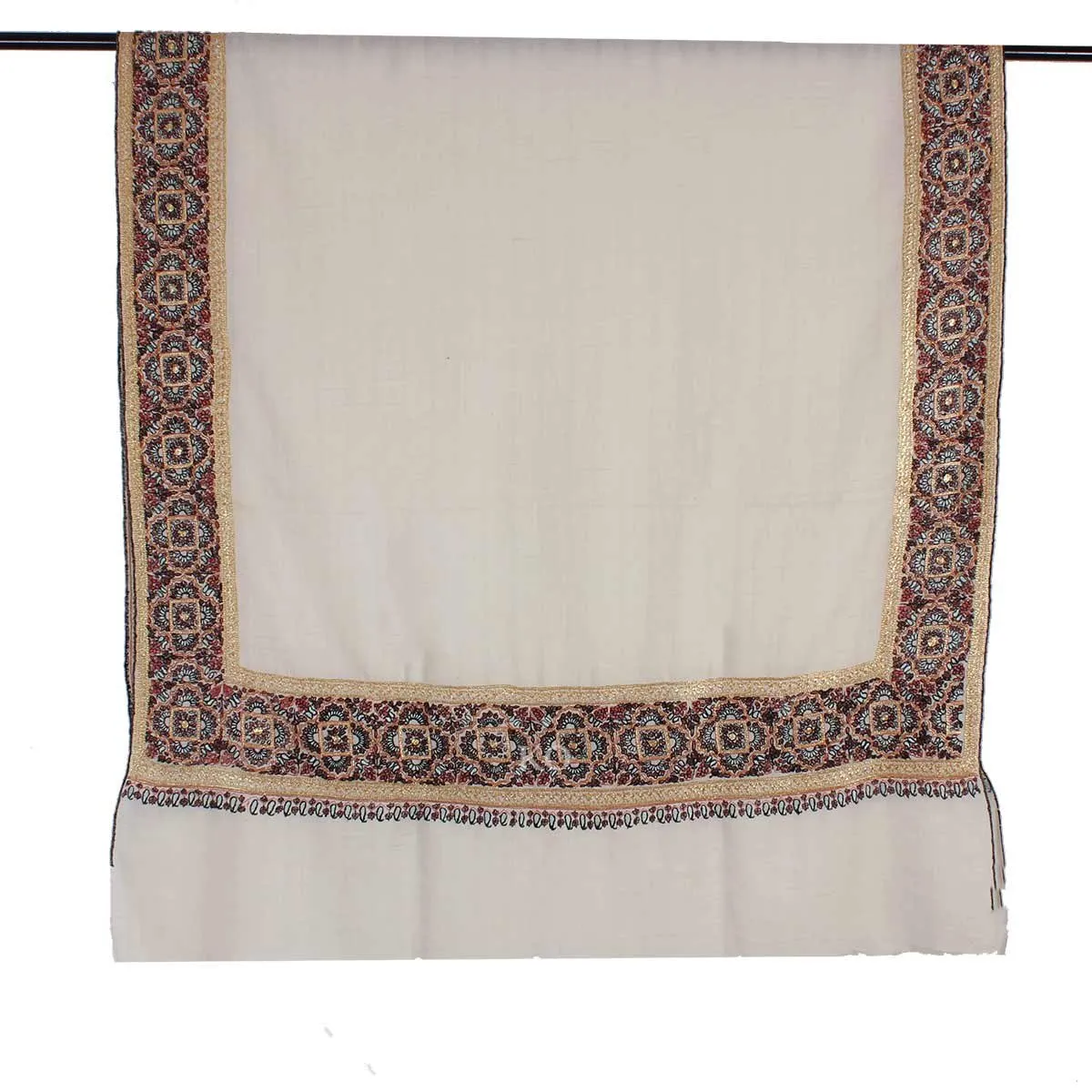 White Base Zari and sozni Embroidered Cashmere Pashmina Shawl