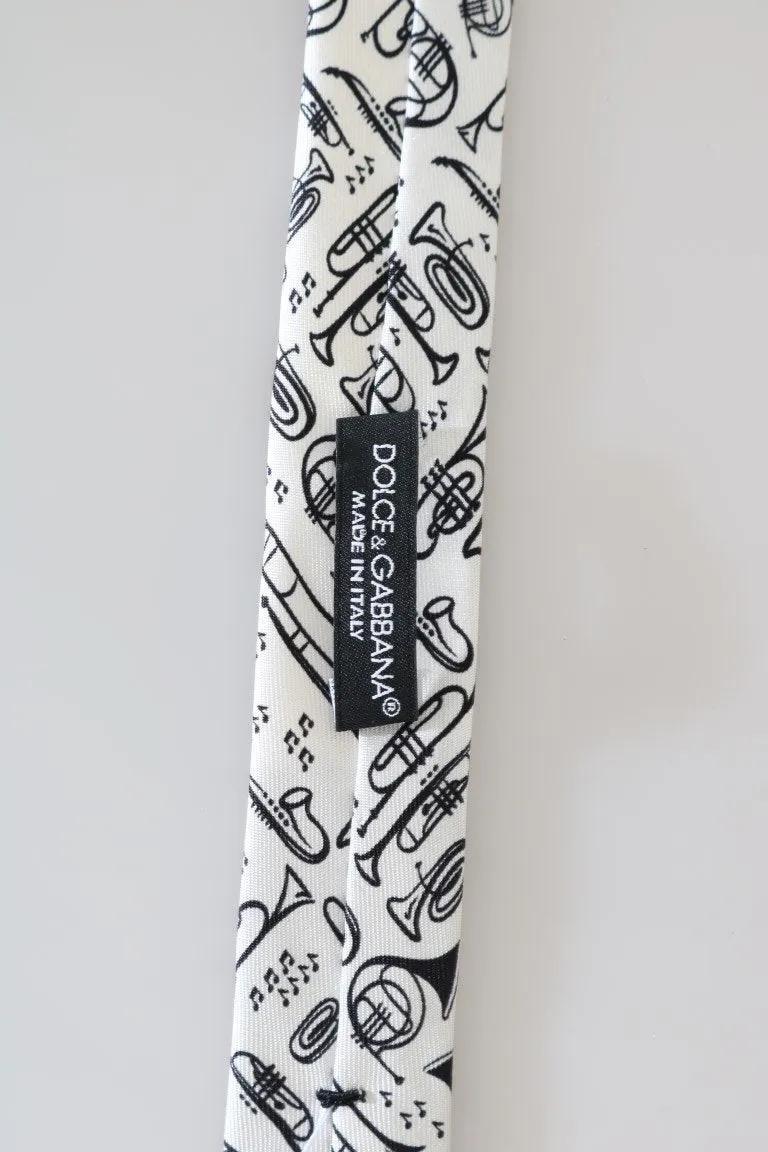 White Black Silk Music Print Slim Tie