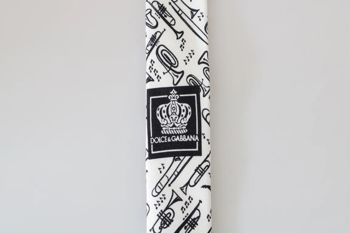 White Black Silk Music Print Slim Tie