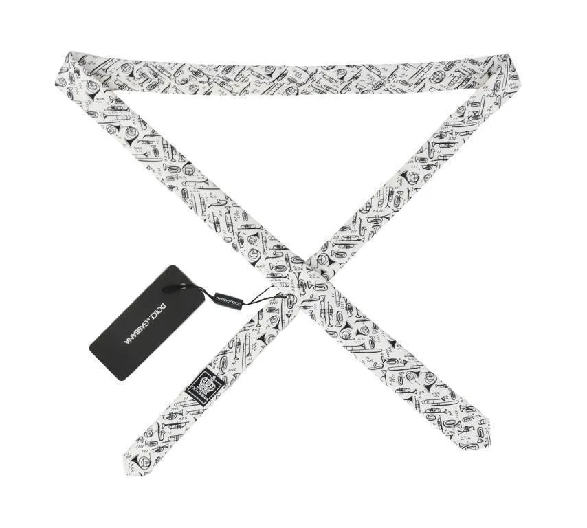 White Black Silk Music Print Slim Tie