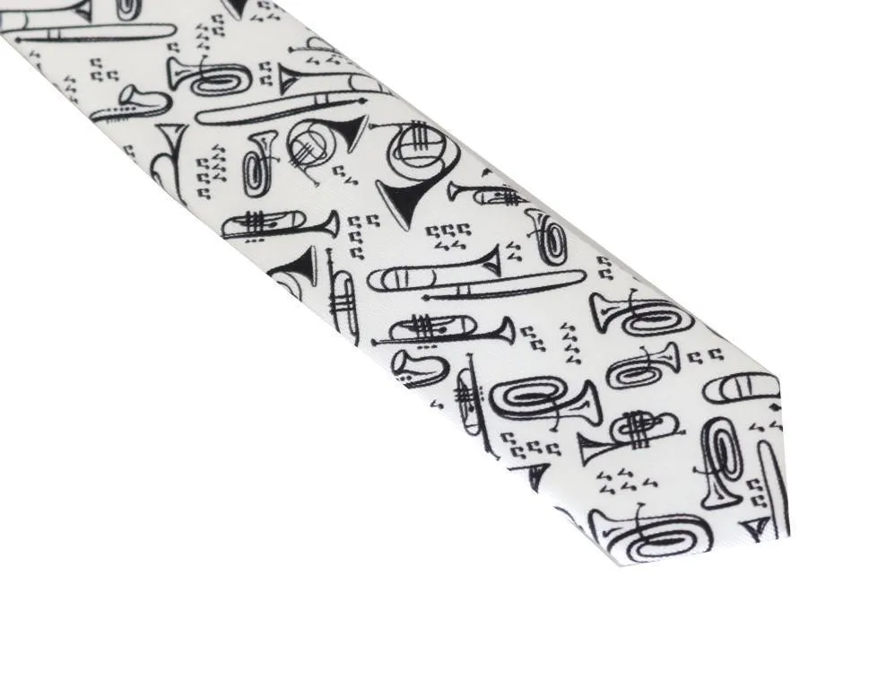 White Black Silk Music Print Slim Tie