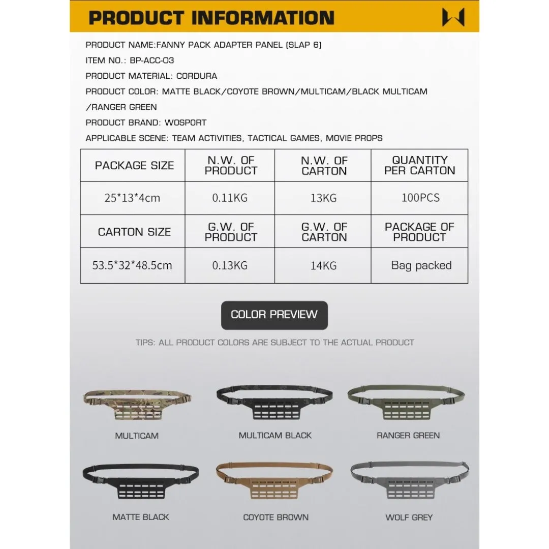 WST Fanny Pack Molle Adapter Panel , Large (6 Rows) - Coyote