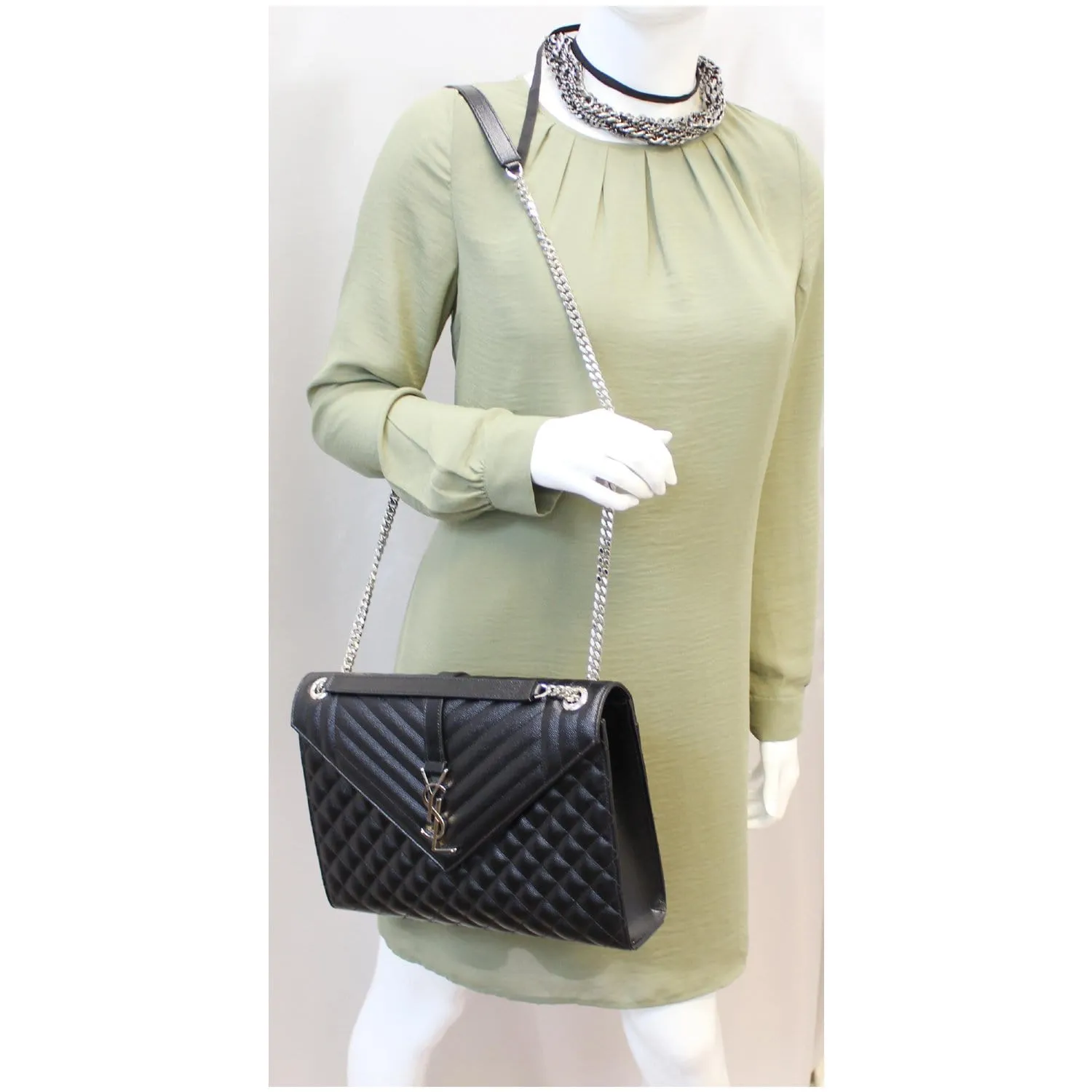 YVES SAINT LAURENT Envelope Large Matelasse Embossed Leather Shoulder Bag Black