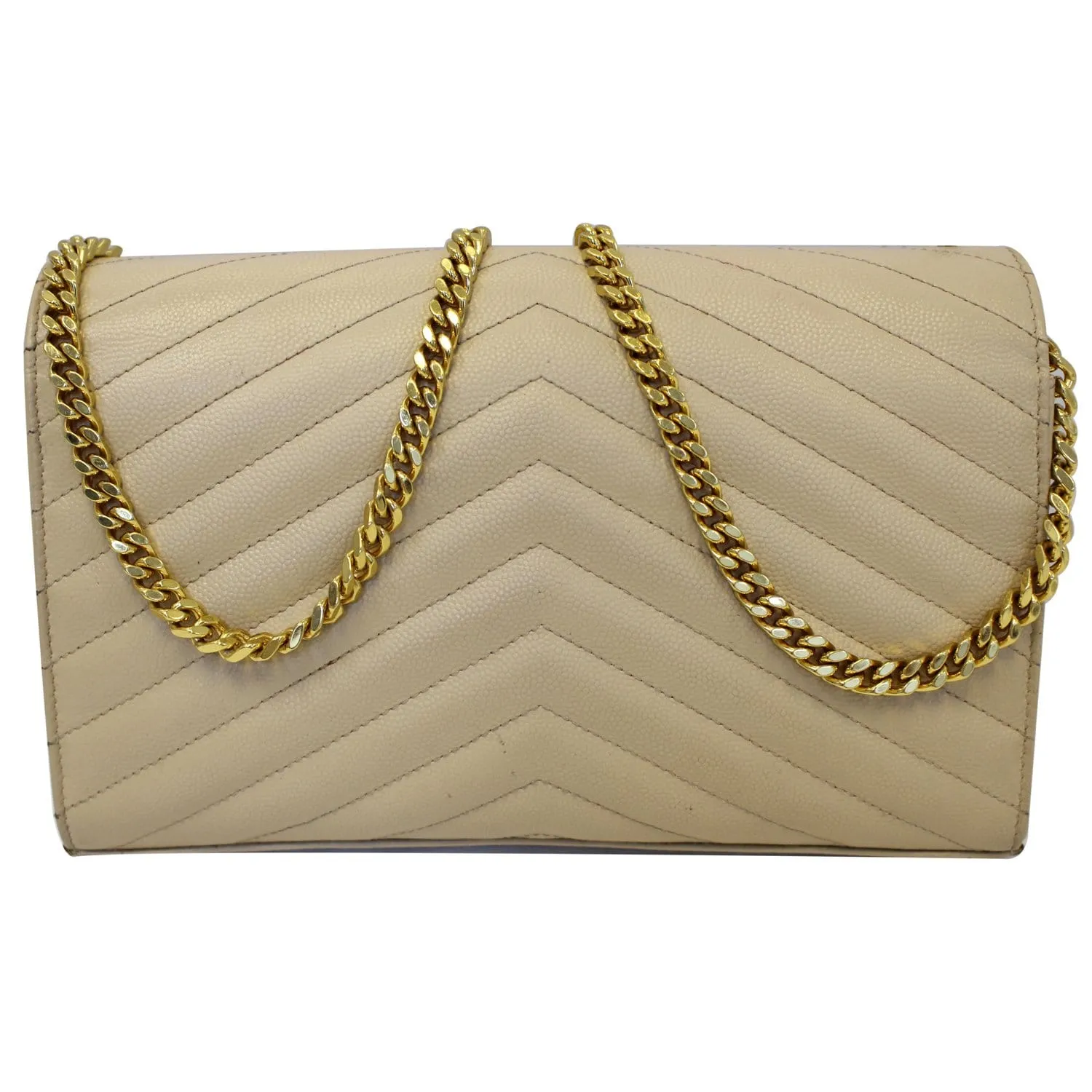 YVES SAINT LAURENT Matelasse Chevron Grain De Poudre Envelope Chain Wallet Beige