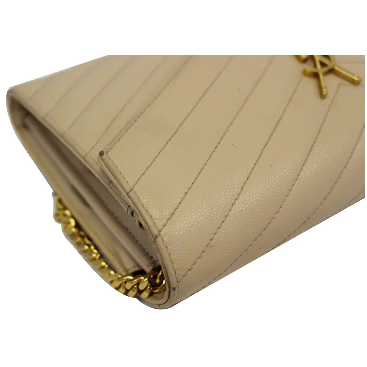 YVES SAINT LAURENT Matelasse Chevron Grain De Poudre Envelope Chain Wallet Beige
