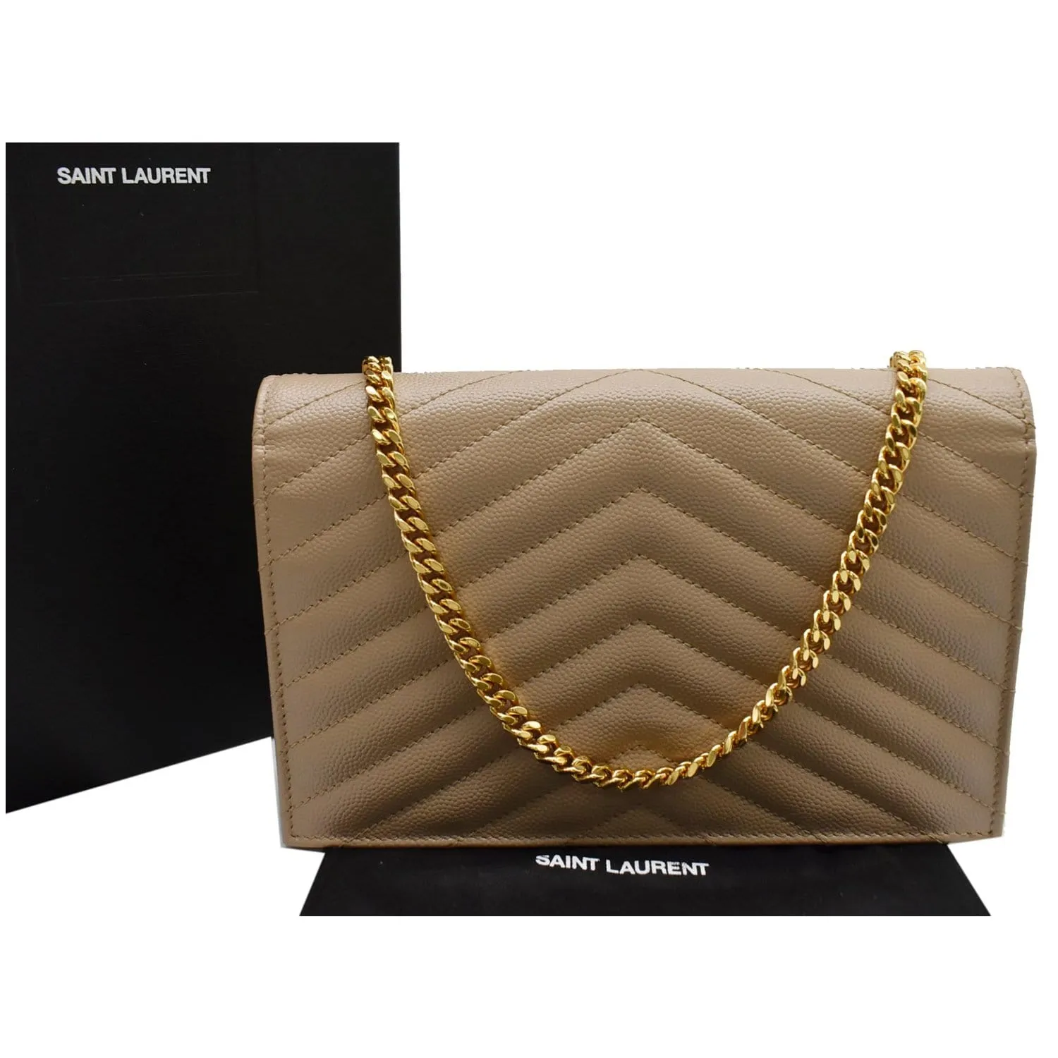 YVES SAINT LAURENT Matelasse Chevron Grain De Poudre Envelope Chain Wallet Beige