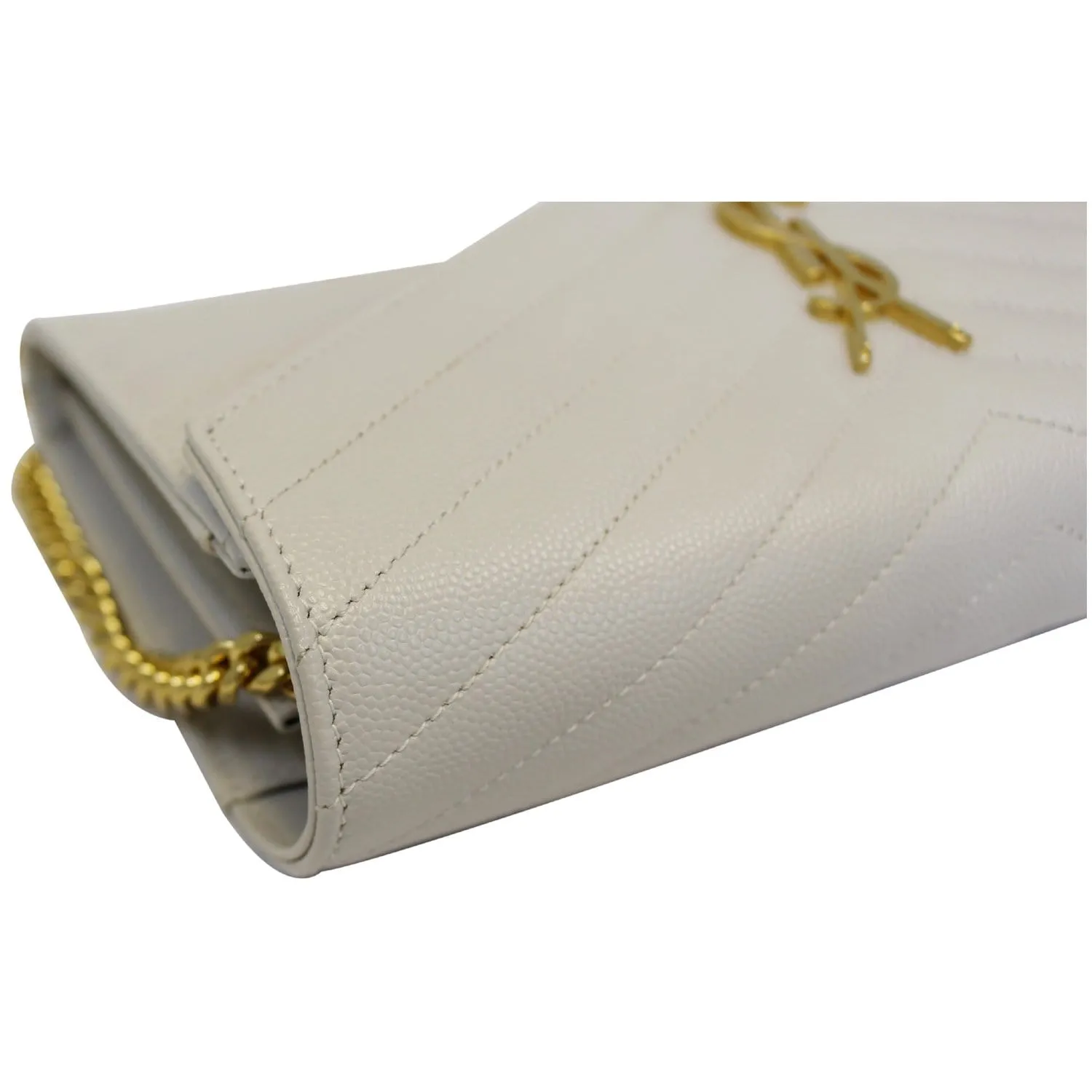 YVES SAINT LAURENT Matelasse Chevron Grain De Poudre Envelope Chain Wallet White