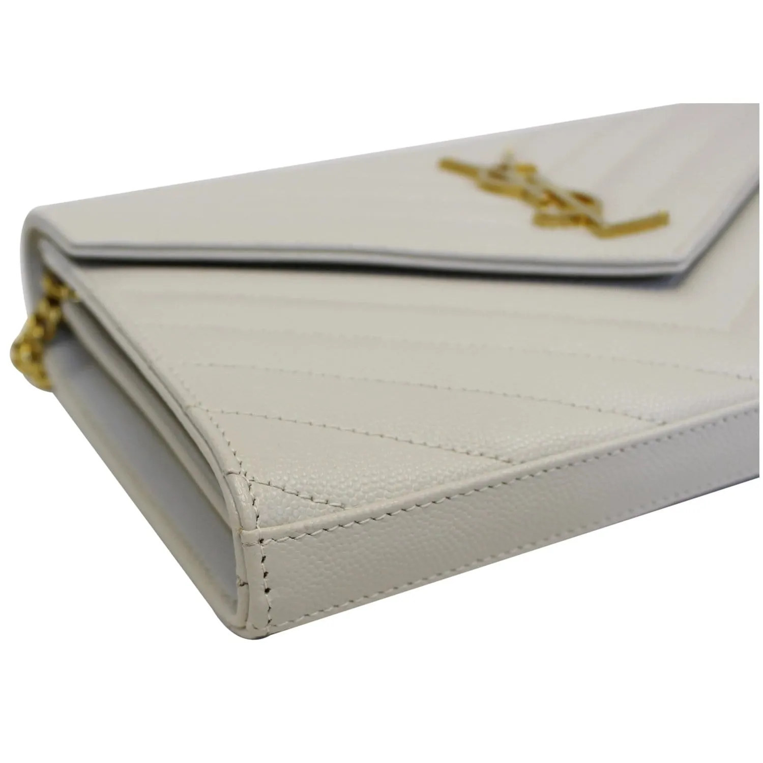 YVES SAINT LAURENT Matelasse Chevron Grain De Poudre Envelope Chain Wallet White