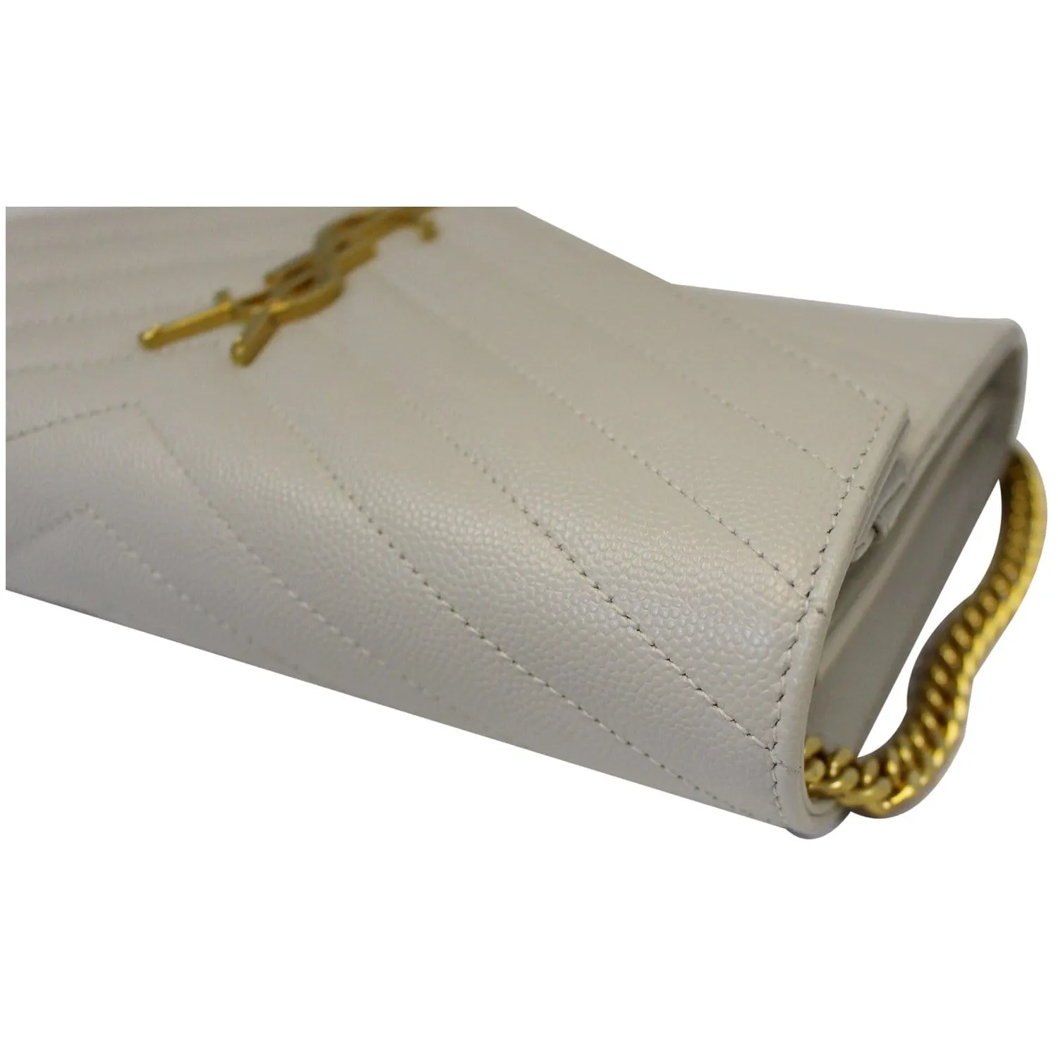 YVES SAINT LAURENT Matelasse Chevron Grain De Poudre Envelope Chain Wallet White