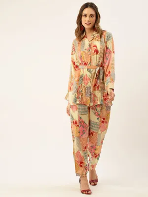 ZOLA Collar Neck Modal All Over Colourfull Mixed Print Multi Straight Co-Ord Set For Women