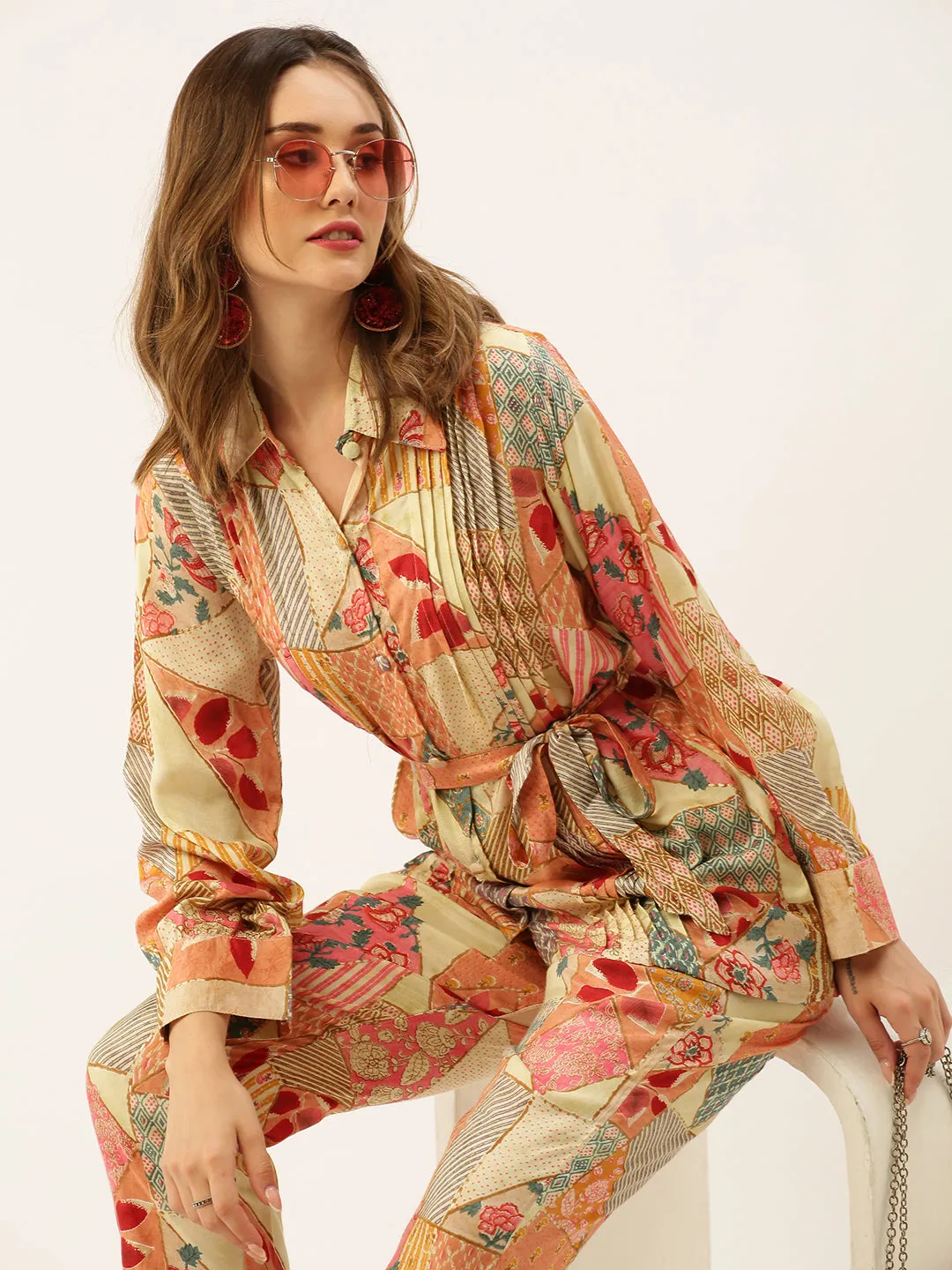 ZOLA Collar Neck Modal All Over Colourfull Mixed Print Multi Straight Co-Ord Set For Women