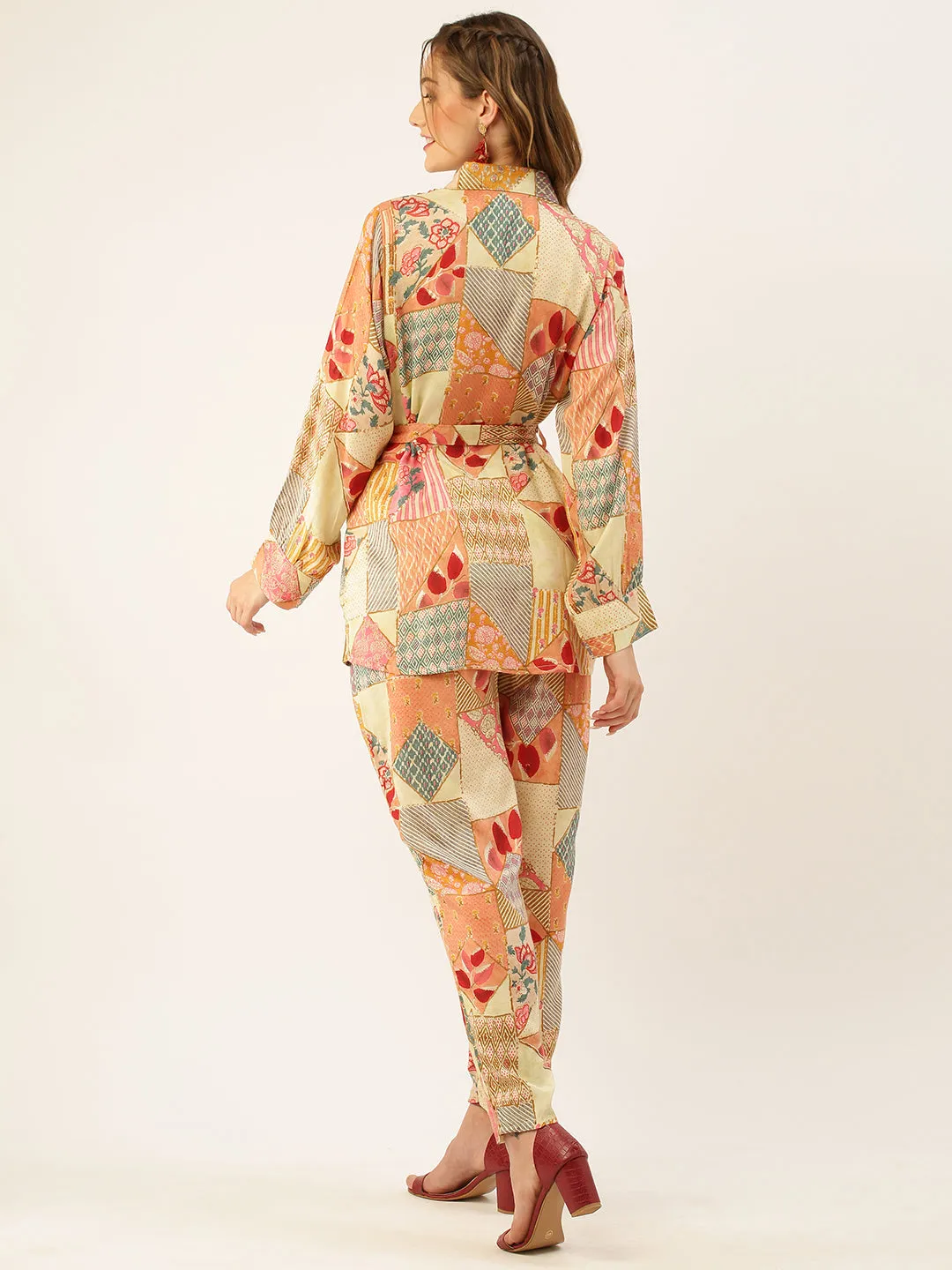 ZOLA Collar Neck Modal All Over Colourfull Mixed Print Multi Straight Co-Ord Set For Women