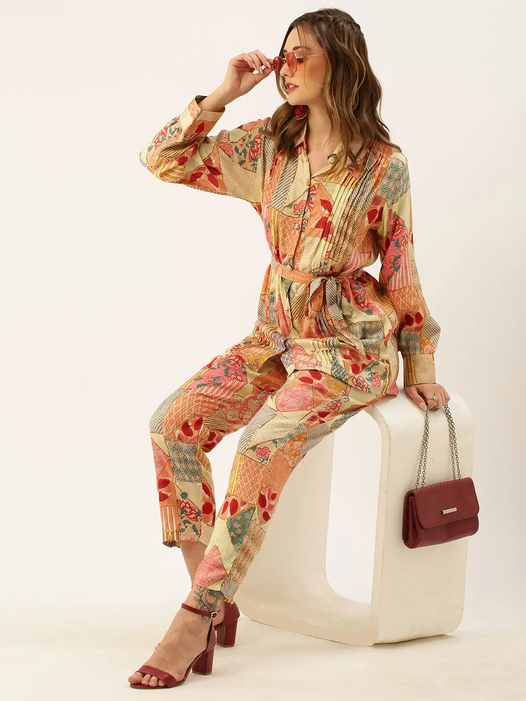 ZOLA Collar Neck Modal All Over Colourfull Mixed Print Multi Straight Co-Ord Set For Women