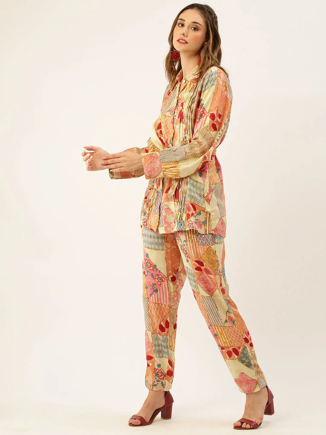 ZOLA Collar Neck Modal All Over Colourfull Mixed Print Multi Straight Co-Ord Set For Women
